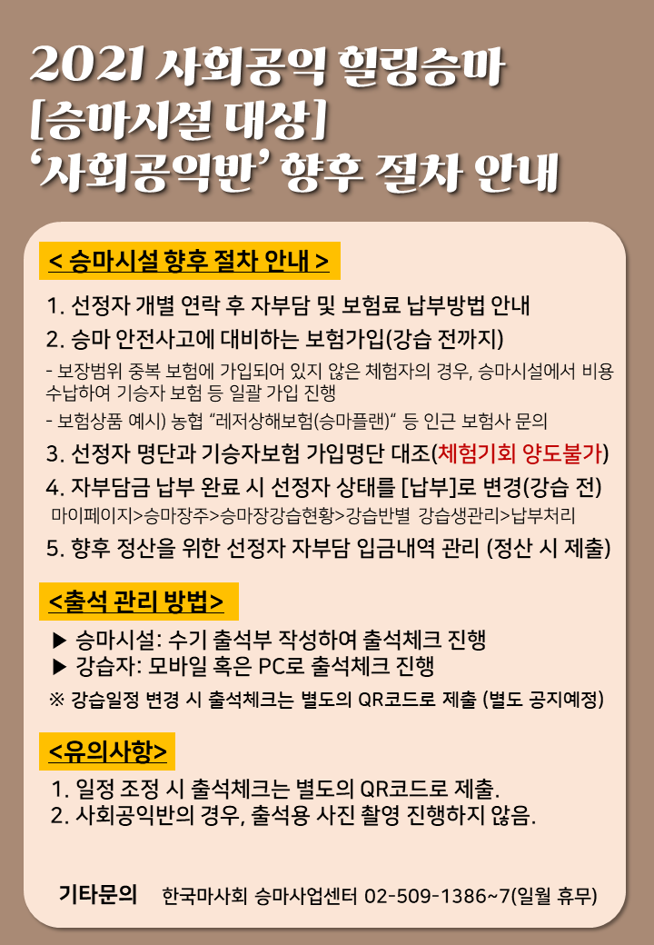 2021 사회공익 힐링 승마 승마시설 대상 사회공익반 향후 절차 안내 승마시설 향후 절차 안내 : 1. 선정자 개별 연락 후 자부담 및 보험료 납부방법 안내 2. 승마 안전사고에 대배하는 보험가입(강습전까지) - 보장범위 중복 보험에 가입되어 있지 않은 체험자의 경우, 승마시설에서 비용 수납하여 기승자 보험 등 일괄 가입 진행 - 보험상품 예시) 보험 레저상해보험(승마플랜) 등 인근 보험사 문의 3. 선정자 명단과 기승자보험명단 대조(체험기회 양도불가)4. 자부담금 납부 완료 시 선정자 상태를 [납부]로 변경(강습전) 마이페이지에서 > 승마장주>승마장강습현황>강습반별 강습생관리>납부처리 5. 향후 정산을 위한 선정자 자부담금 입금내역 관리(정산 시 제출) 출석관리 방법 :  승마시설 : 수기 출석부 작성하여 출석체크 진행 - 강습자 : 모바일 혹은 PC로 출석체크 진행 - 강습일정 변경 시 출석체크는 별도의 QR코드로 제출(별도 공지예정)유의사항 1. 일정 조정시 출석체크 별도의 QR코드로 제출 2. 사회공익반의 경우, 출석용 사진 촬영 진행하지 않음. 기타문의 한국마사회 승마사업센터 02- 509-1386~(일월 유무)